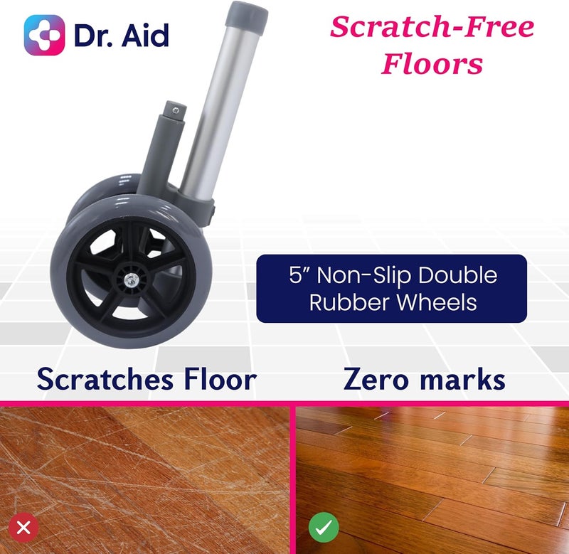 Dr. Aid Premium Auto Brake Walker Wheels – Replacement Wheel for Walkers, 5" Double Wheels with 5 Height Adjustments – Easy Installation, Pack of 2 - Image 3